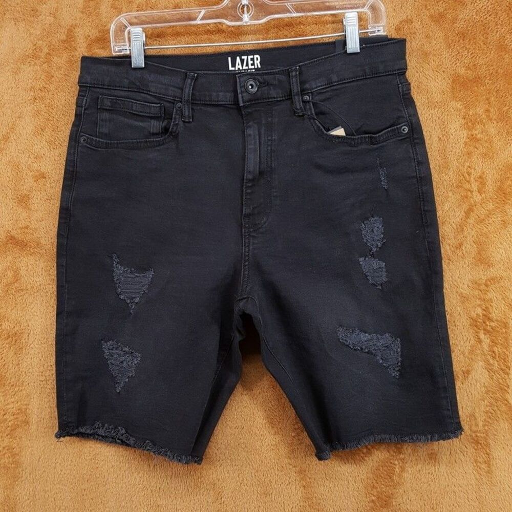 LAZER Jean Shorts Mens Size 34 Black Wash Distressed Denim Stretch Jorts